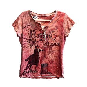 It's Bridle Women Tie Dye Pink T Shirt M Cowgirl Graphic Lace Up Western Cowboy